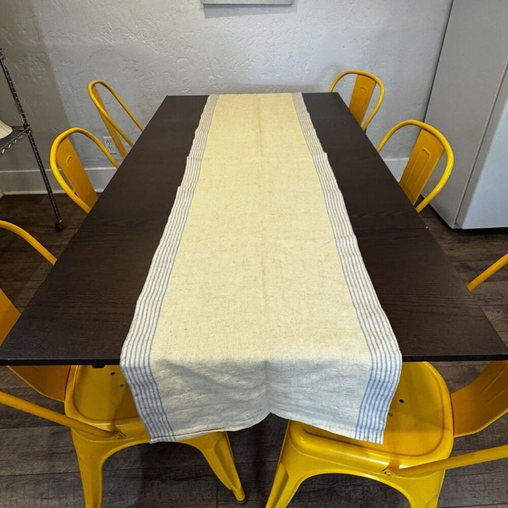 Farmhouse Pottery Linen Table Runner Yellow Blue Striped Cottage Beachy Boho